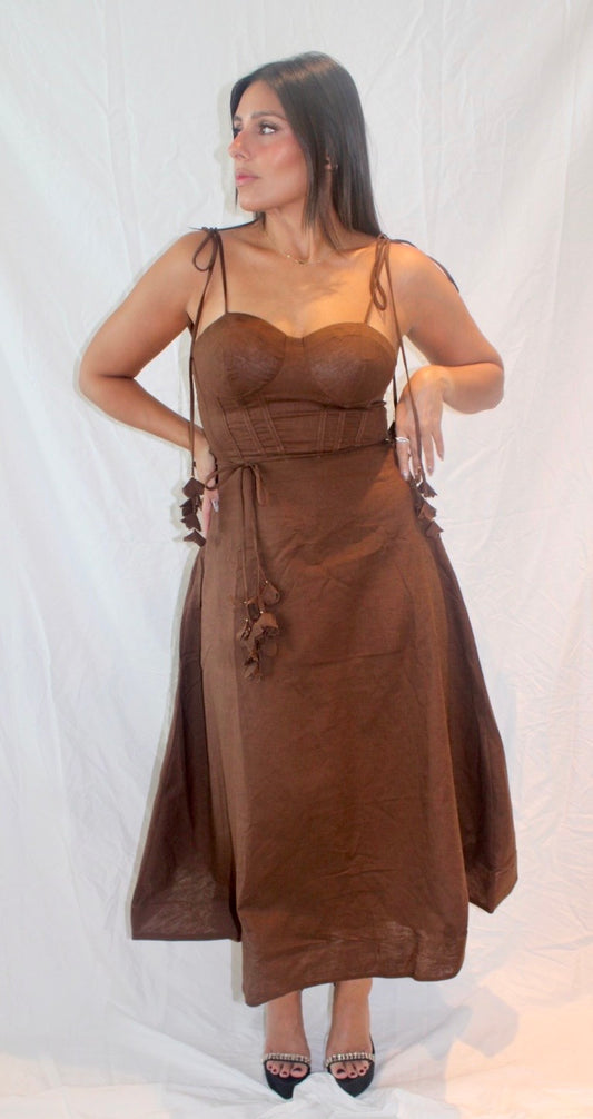 Flower detail brown dress